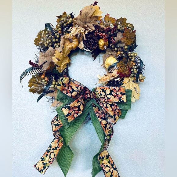 Gold Brown Rustic Fall Autumn Burlap Ribbon Leaves Wreath - Picture 1 of 3